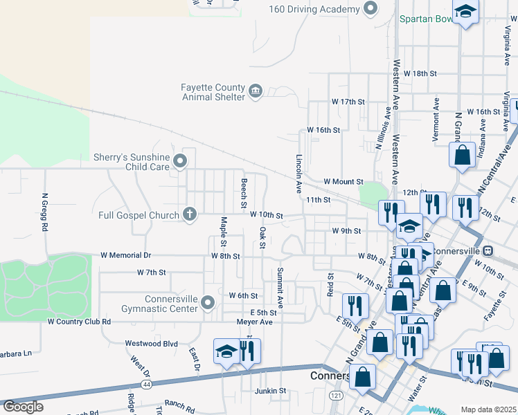 map of restaurants, bars, coffee shops, grocery stores, and more near 1007 Oak Street in Connersville