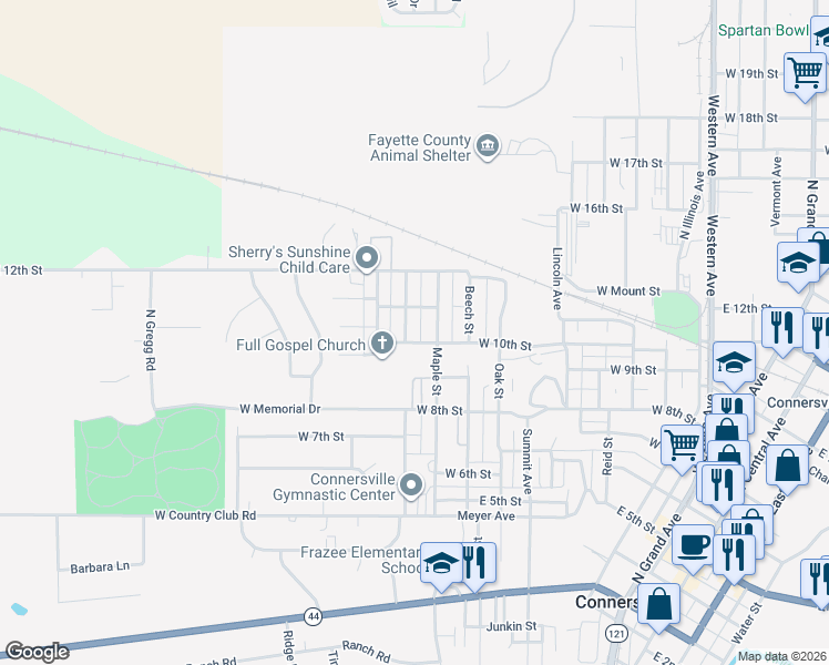 map of restaurants, bars, coffee shops, grocery stores, and more near 1004 Houghton St in Connersville