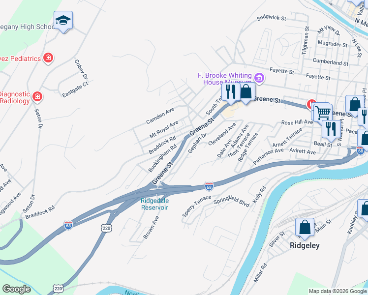 map of restaurants, bars, coffee shops, grocery stores, and more near 821 Gephart Drive in Cumberland