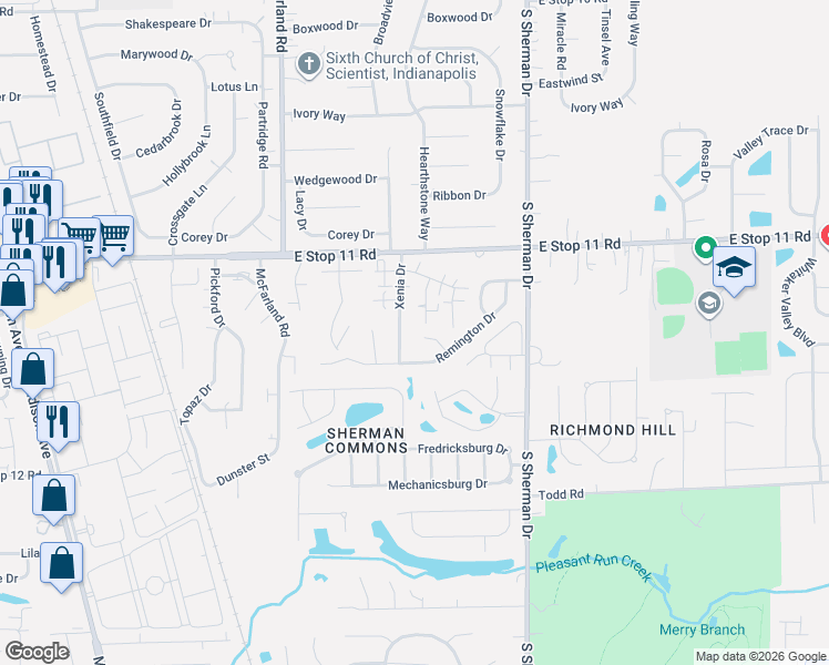 map of restaurants, bars, coffee shops, grocery stores, and more near 3516 Bryan Court in Indianapolis