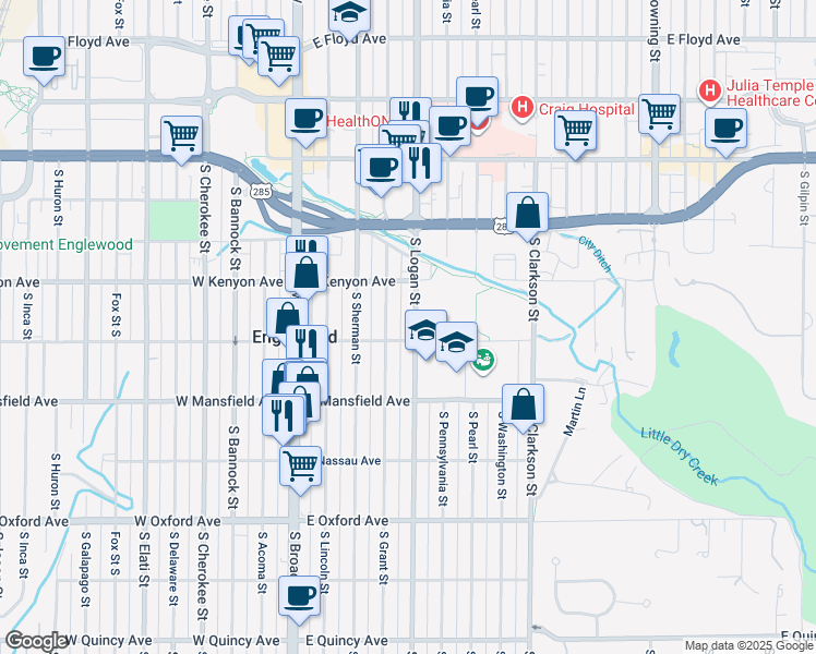 map of restaurants, bars, coffee shops, grocery stores, and more near 3775 South Logan Street in Englewood