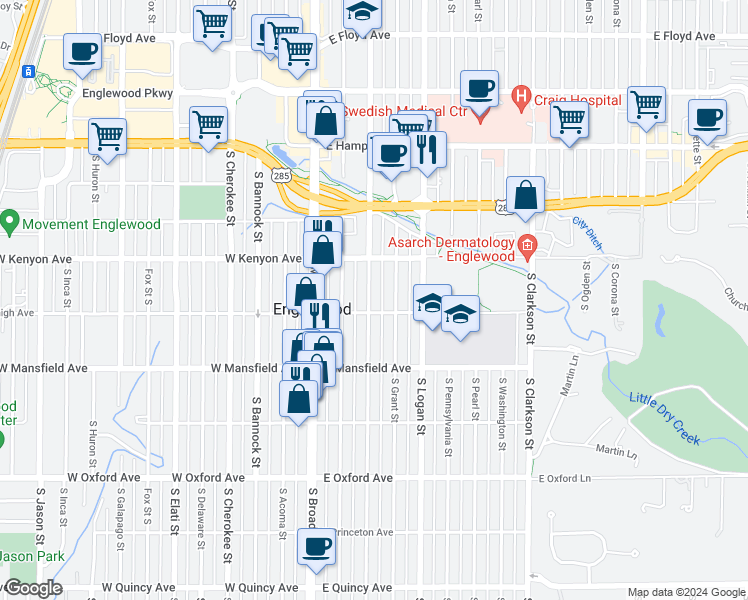 map of restaurants, bars, coffee shops, grocery stores, and more near 3776 South Sherman Street in Englewood