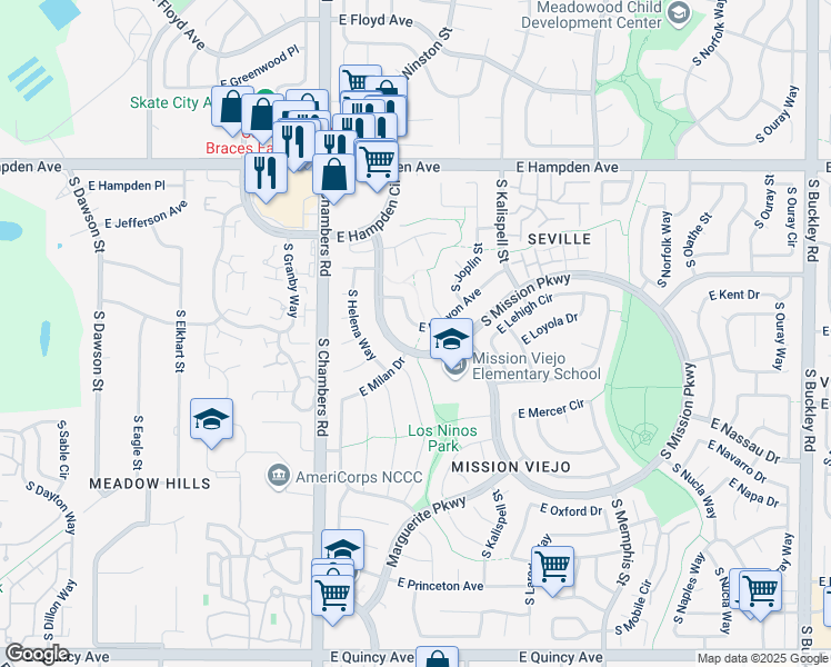 map of restaurants, bars, coffee shops, grocery stores, and more near 15604 East Kenyon Avenue in Aurora