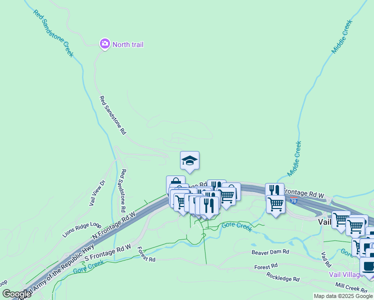 map of restaurants, bars, coffee shops, grocery stores, and more near 701-765 Potato Patch Drive in Vail