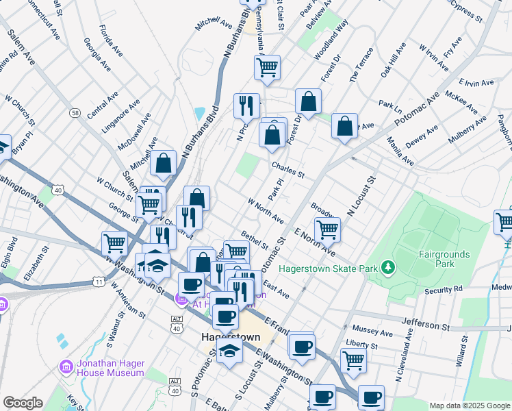 map of restaurants, bars, coffee shops, grocery stores, and more near 67 West North Avenue in Hagerstown