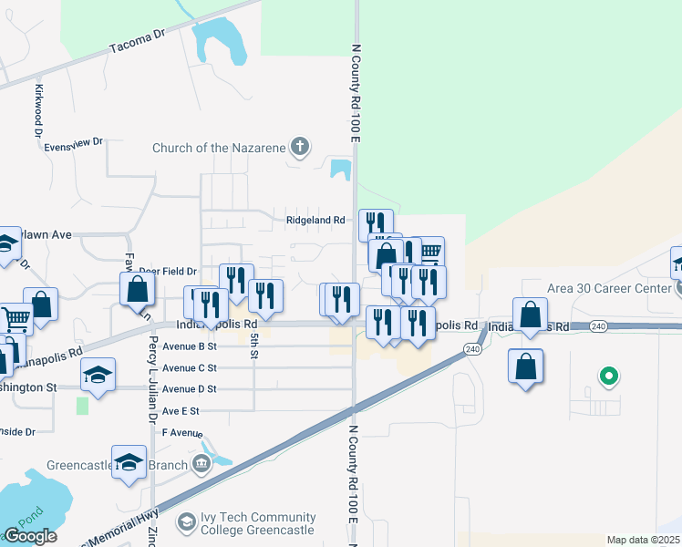 map of restaurants, bars, coffee shops, grocery stores, and more near 1175 Paddock Court in Greencastle