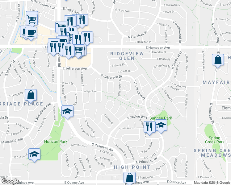 map of restaurants, bars, coffee shops, grocery stores, and more near 3710 South Cathay Circle in Aurora