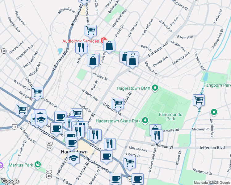 map of restaurants, bars, coffee shops, grocery stores, and more near 24 Broadway in Hagerstown
