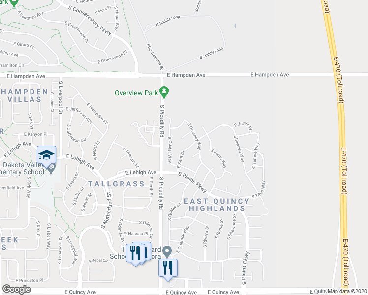 map of restaurants, bars, coffee shops, grocery stores, and more near 21735 East Kent Drive in Aurora