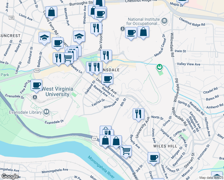 map of restaurants, bars, coffee shops, grocery stores, and more near 2875 University Avenue in Morgantown