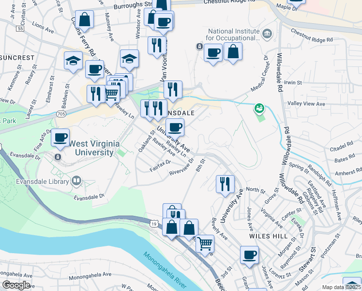 map of restaurants, bars, coffee shops, grocery stores, and more near 2875 University Avenue in Morgantown