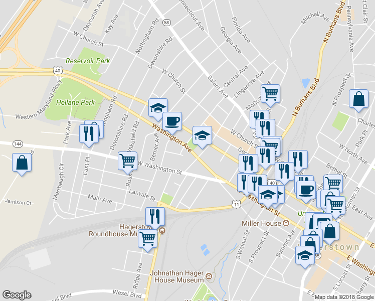 map of restaurants, bars, coffee shops, grocery stores, and more near 727 Washington Avenue in Hagerstown
