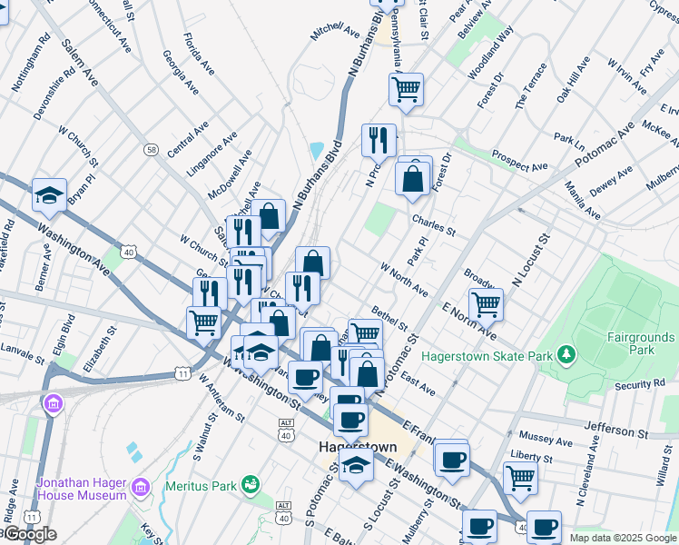 map of restaurants, bars, coffee shops, grocery stores, and more near 312 North Prospect Street in Hagerstown