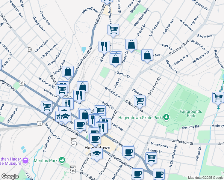 map of restaurants, bars, coffee shops, grocery stores, and more near 401 Park Place in Hagerstown