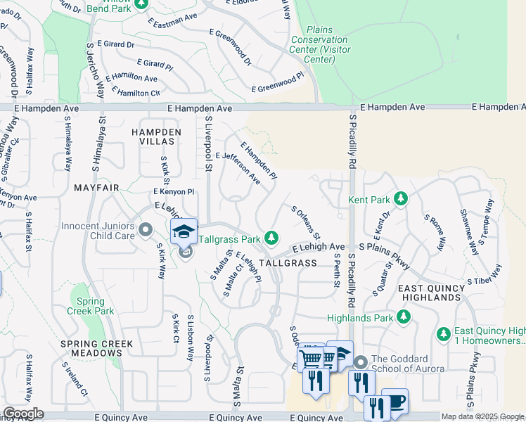 map of restaurants, bars, coffee shops, grocery stores, and more near 3684 South Nepal Street in Aurora