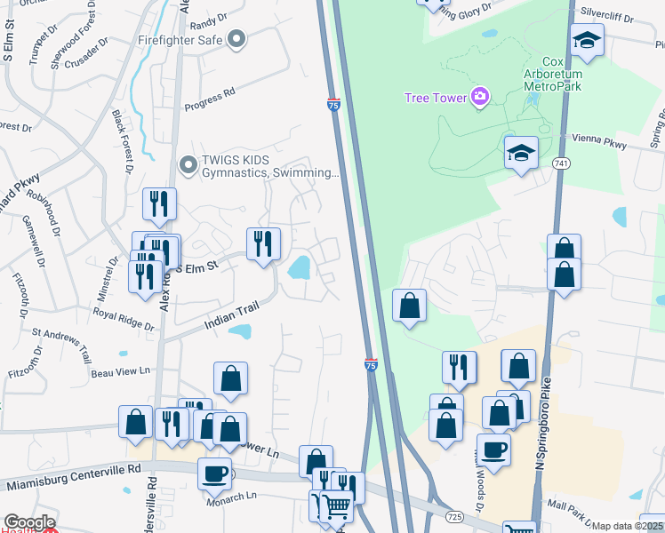 map of restaurants, bars, coffee shops, grocery stores, and more near 1124 Eagle Feather Circle in Dayton