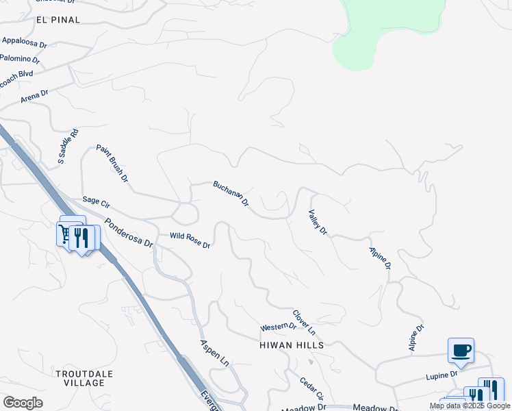 map of restaurants, bars, coffee shops, grocery stores, and more near 29139 Buchanan Dr in Evergreen