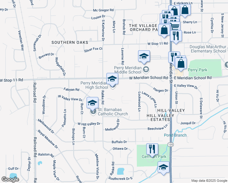 map of restaurants, bars, coffee shops, grocery stores, and more near 401 West Meridian School Road in Indianapolis