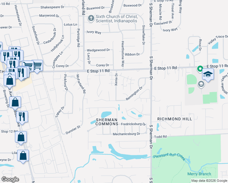 map of restaurants, bars, coffee shops, grocery stores, and more near 3516 Bryan Court in Indianapolis