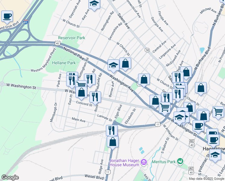 map of restaurants, bars, coffee shops, grocery stores, and more near 24 Berner Avenue in Hagerstown