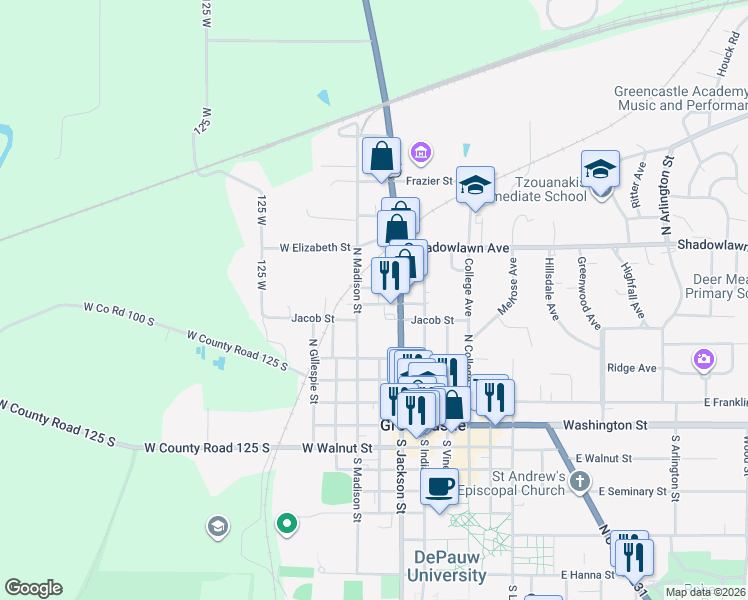 map of restaurants, bars, coffee shops, grocery stores, and more near 115 Daggy Street in Greencastle