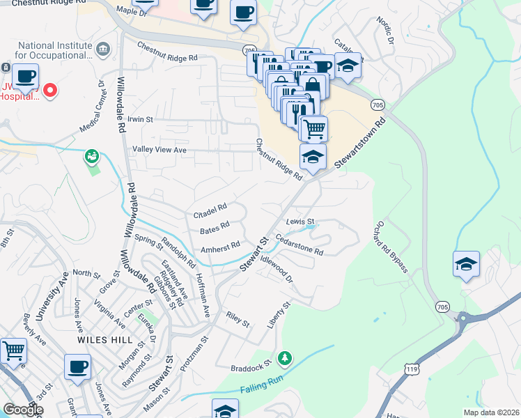 map of restaurants, bars, coffee shops, grocery stores, and more near 905 Stewart Place in Morgantown