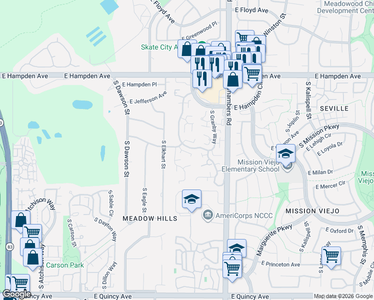 map of restaurants, bars, coffee shops, grocery stores, and more near 3759 South Fairplay Way in Aurora