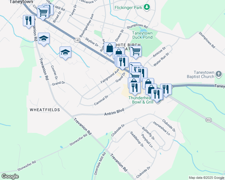 map of restaurants, bars, coffee shops, grocery stores, and more near 98 Carnival Drive in Taneytown