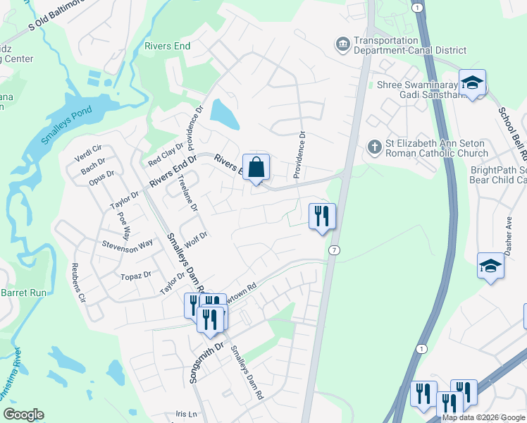 map of restaurants, bars, coffee shops, grocery stores, and more near 303 Baker Drive in Bear