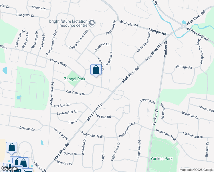 map of restaurants, bars, coffee shops, grocery stores, and more near 2031 Vienna Parkway in Dayton