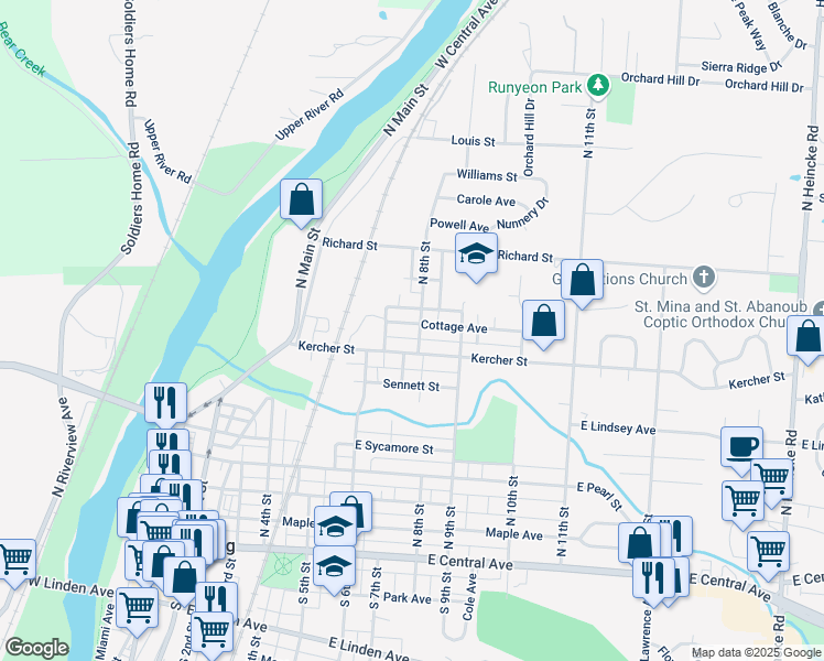 map of restaurants, bars, coffee shops, grocery stores, and more near 726 Cottage Avenue in Miamisburg