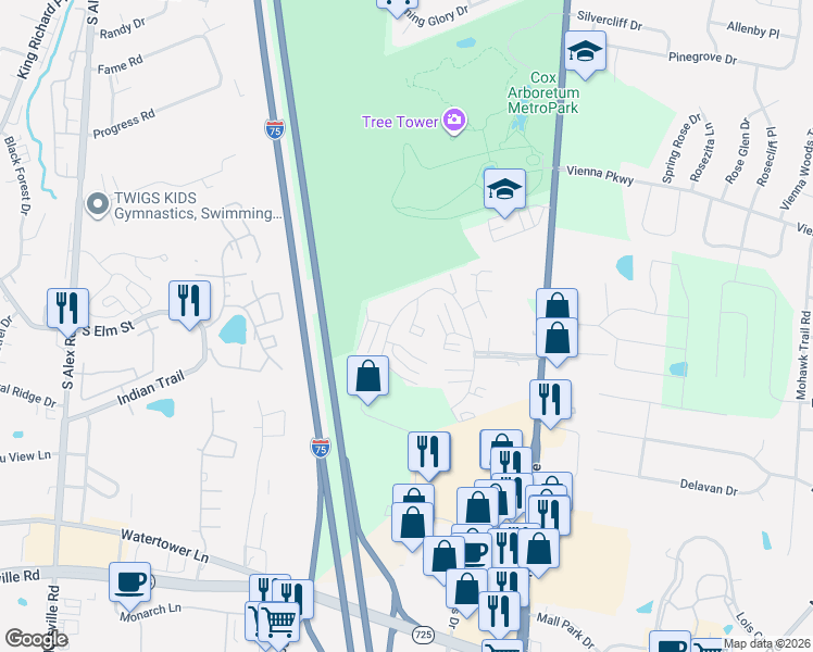 map of restaurants, bars, coffee shops, grocery stores, and more near 6466 Quintessa Court in Dayton