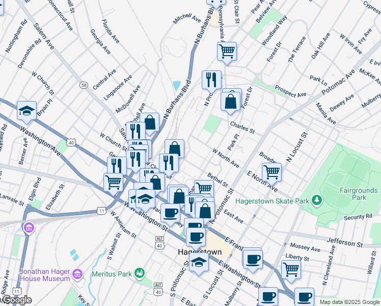 map of restaurants, bars, coffee shops, grocery stores, and more near 316 North Prospect Street in Hagerstown