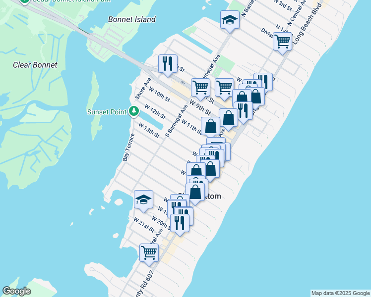 map of restaurants, bars, coffee shops, grocery stores, and more near 251 West 13th Street in Ship Bottom