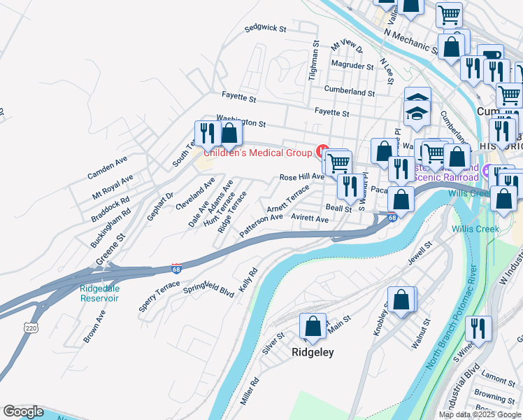 map of restaurants, bars, coffee shops, grocery stores, and more near 16 Locust Street in Cumberland