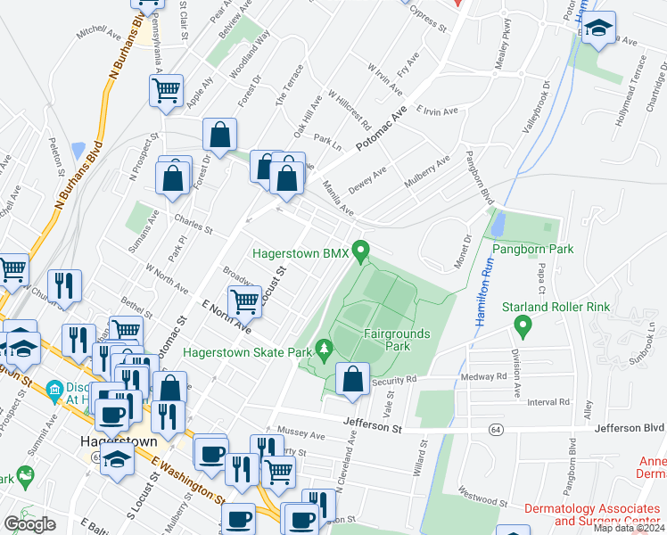 map of restaurants, bars, coffee shops, grocery stores, and more near 620 North Mulberry Street in Hagerstown