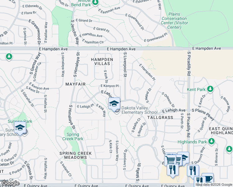 map of restaurants, bars, coffee shops, grocery stores, and more near 3758 South Lisbon Way in Aurora