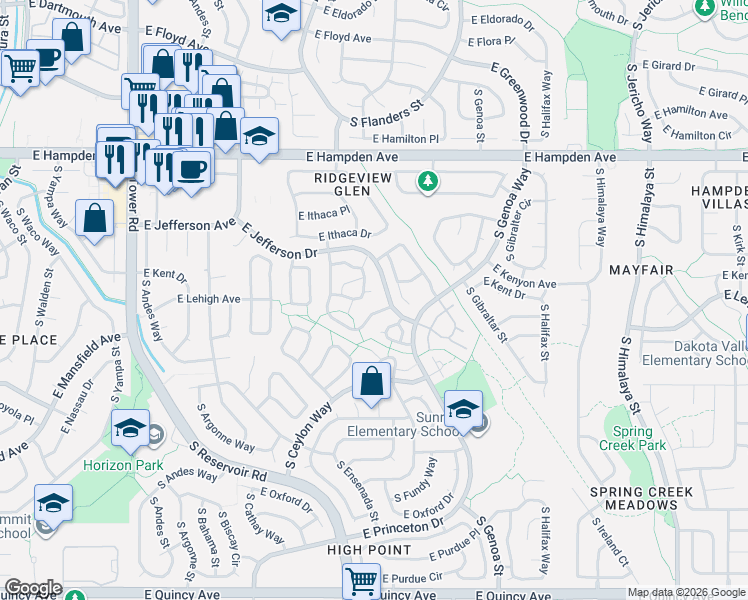 map of restaurants, bars, coffee shops, grocery stores, and more near 3824 South Ceylon Way in Aurora