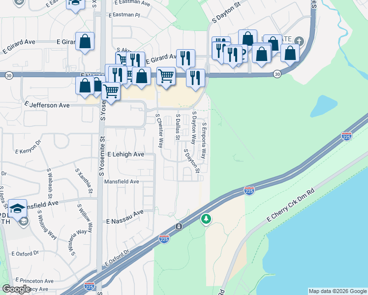 map of restaurants, bars, coffee shops, grocery stores, and more near 3773 South Dayton Way in Aurora