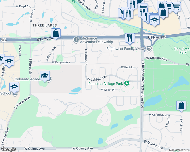 map of restaurants, bars, coffee shops, grocery stores, and more near 5905 West Lehigh Avenue in Denver