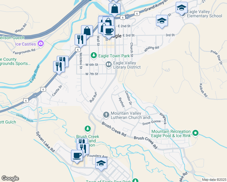 map of restaurants, bars, coffee shops, grocery stores, and more near 202-208 Golden Eagle in Eagle