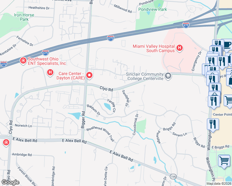 map of restaurants, bars, coffee shops, grocery stores, and more near 6611 Brigham Square in Centerville