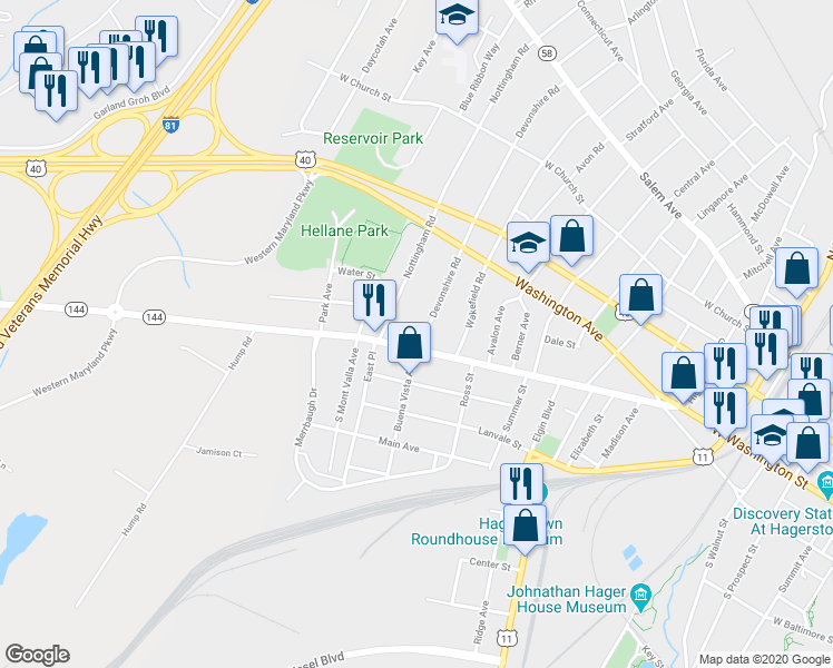 map of restaurants, bars, coffee shops, grocery stores, and more near 1000 West Washington Street in Hagerstown