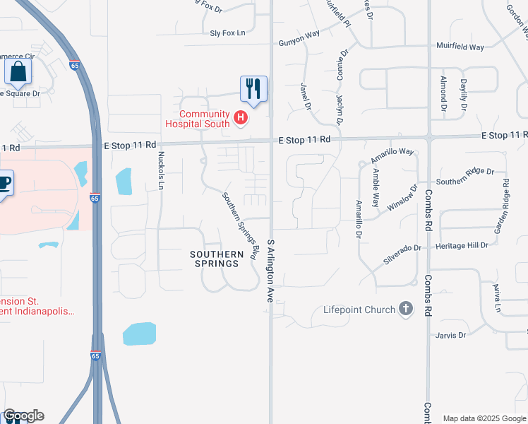 map of restaurants, bars, coffee shops, grocery stores, and more near 5946 Southern Springs Avenue in Indianapolis