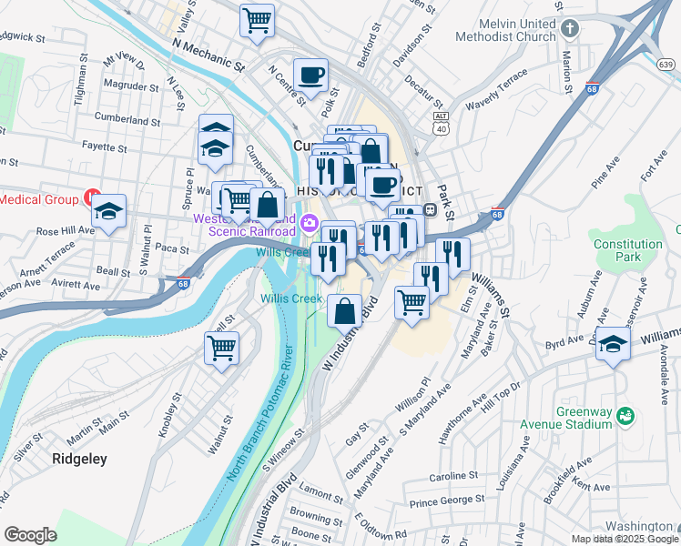 map of restaurants, bars, coffee shops, grocery stores, and more near 17 Howard Street in Cumberland