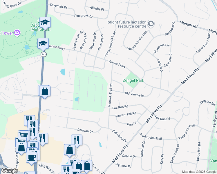 map of restaurants, bars, coffee shops, grocery stores, and more near 7207 Mohawk Trail Road in Dayton