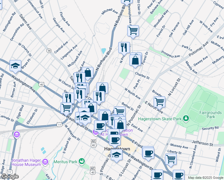 map of restaurants, bars, coffee shops, grocery stores, and more near 318 North Prospect Street in Hagerstown