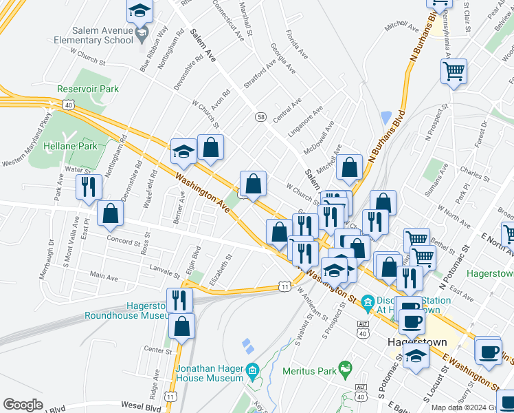 map of restaurants, bars, coffee shops, grocery stores, and more near 629 West Franklin Street in Hagerstown