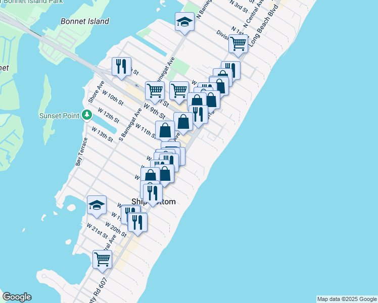 map of restaurants, bars, coffee shops, grocery stores, and more near 1040F Long Beach Boulevard in Beach Haven