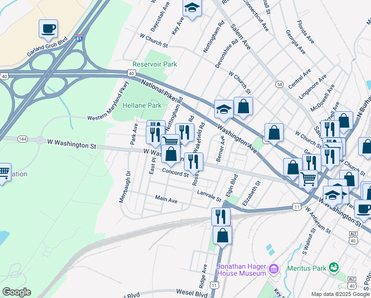 map of restaurants, bars, coffee shops, grocery stores, and more near 920 West Washington Street in Hagerstown